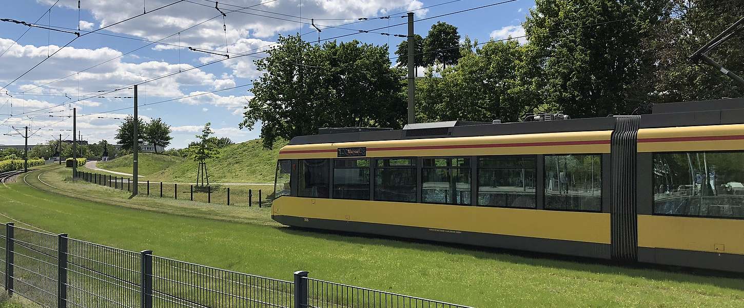 Eine Bahn fährt im grünen Umland.